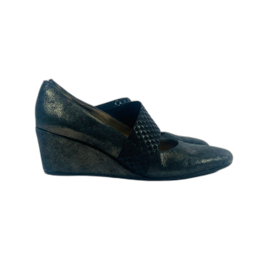 Anyi Lu Italian Leather 8.5 Charcoal Gray Glitter Strap Wedge Heels Luxury EUC